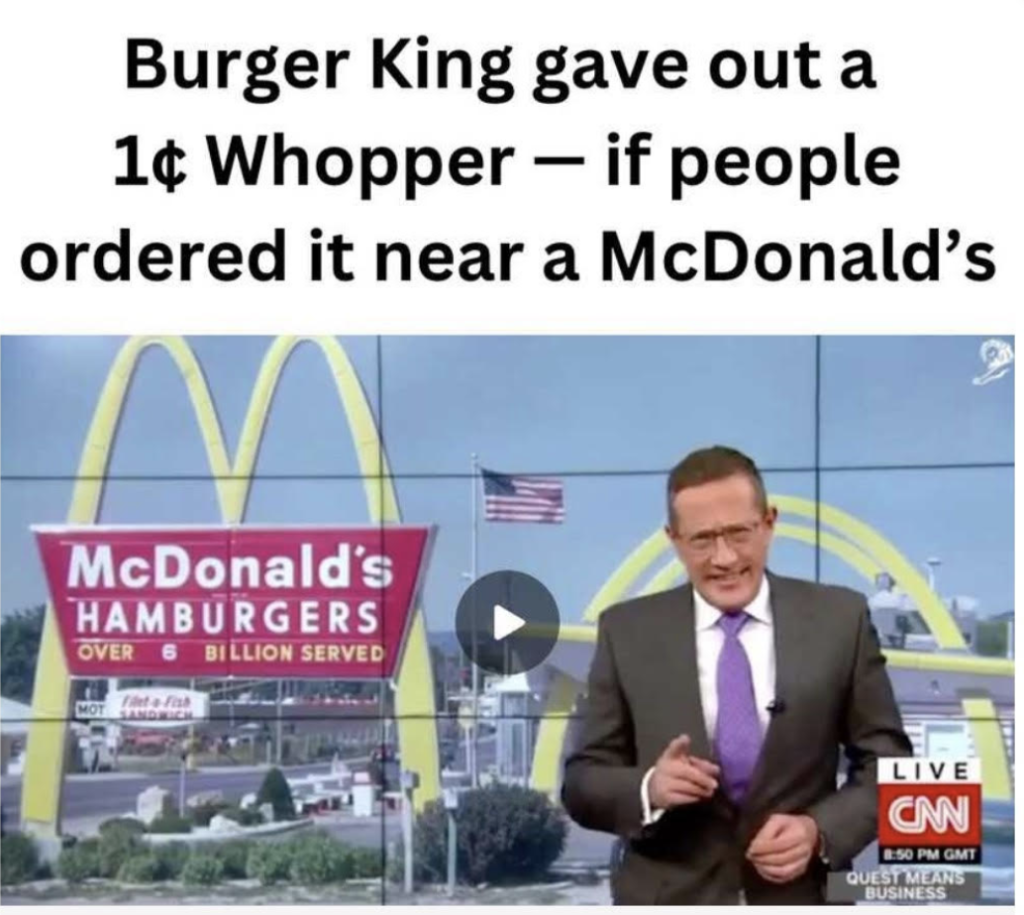 Screenshot 2024 10 16 at 21 37 16 Tv news broadcast still a male anchor in a suit reports in front of a large mcdonalds sign the top headline reads burger king gave out a 1¢ whopper if people ordered it near a mcdonalds