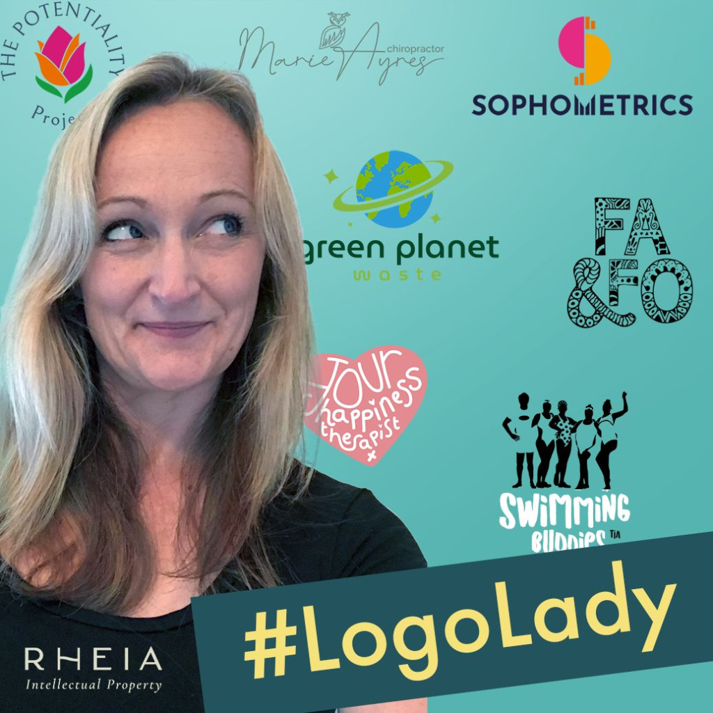 1687241799313 Smiling woman in a black top on a teal background filled with multiple logos brands like rheia intellectual property green planet waste sophometrics etc and a large diagonal banner reading logolady