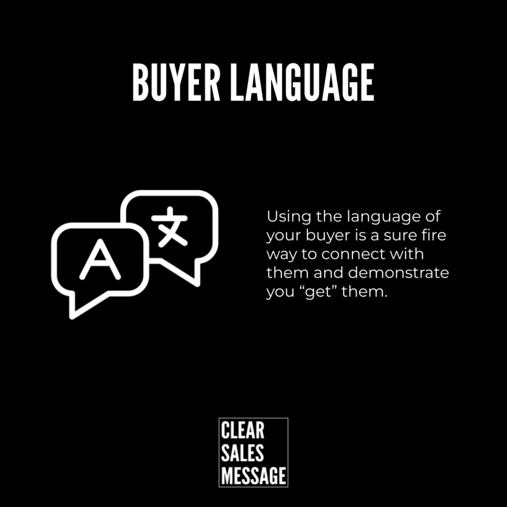 Buyer language Poster on buyer language two speech bubbles one with a one with a chinese character and a paragraph about connecting with buyers bottom brand logo