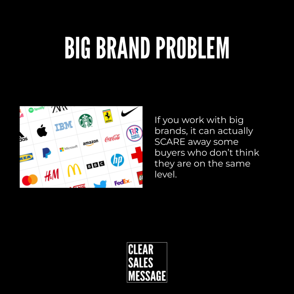 Black slide with the headline big brand problem in white left has a collage of brand logos right shows text about big brands scaring away buyers bottom clear sales message logo
