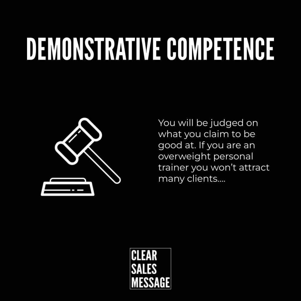 Black poster with a large demonstrative competence title Left a white outline gavel above a base right paragraph about being judged by claimed skills bottom center shows a white boxed clear sales message logo