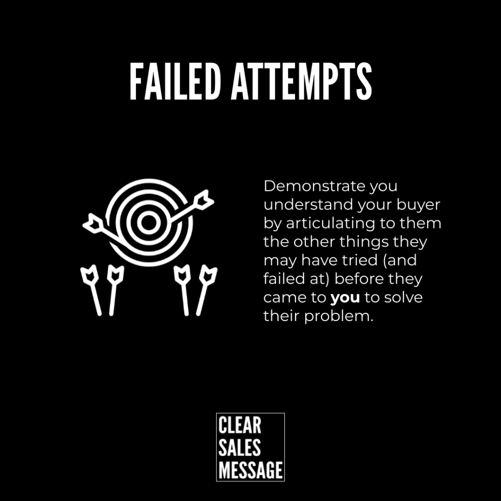 Black poster with the words failed attempts at the top a target with arrows on the left and a right column instructional paragraph about understanding buyers clear sales message logo at bottom