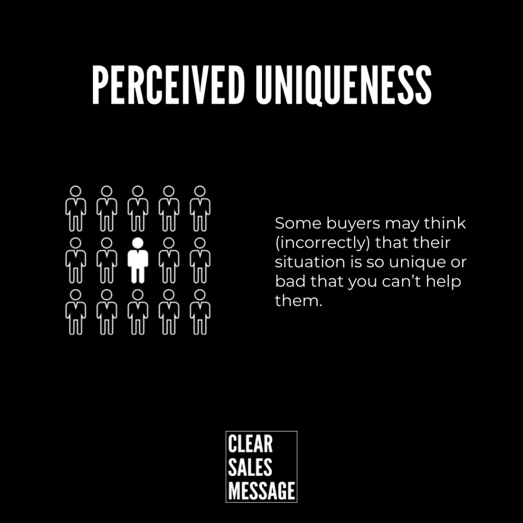 Perceived uniqueness Infographic style poster titled perceived uniqueness showing a 5x4 grid of stick figures with one white figure in the center illustrating buyers belief their situation is unique and worsened