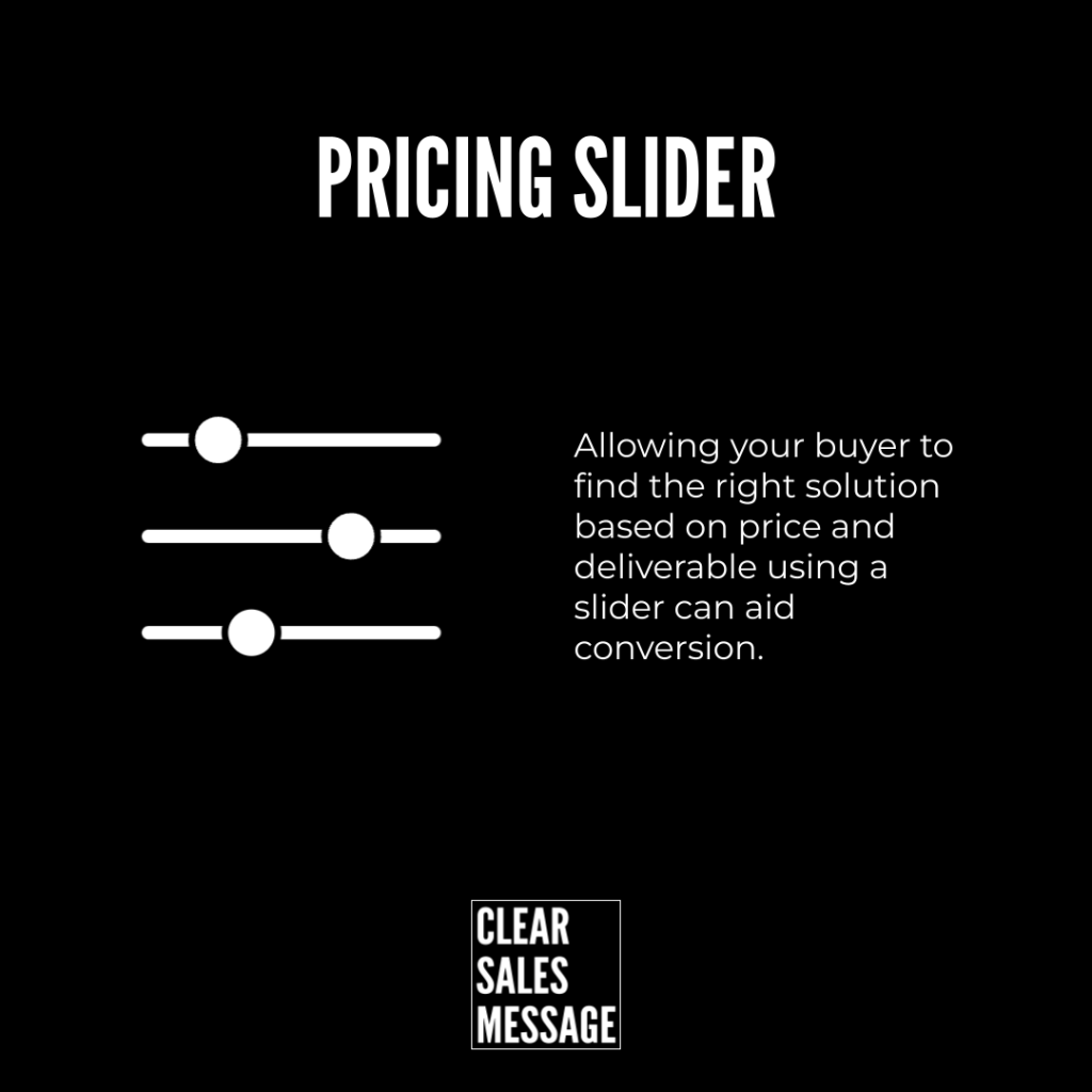 Pricing slider Black marketing slide showing a pricing slider heading three horizontal sliders with knobs and text about sliders aiding conversion clear sales message logo at bottom