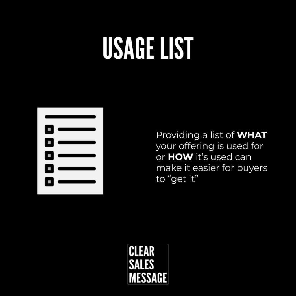 Black slide with usage list title left checklist icon and text about clarifying what and how for buyers bottom clear sales message logo