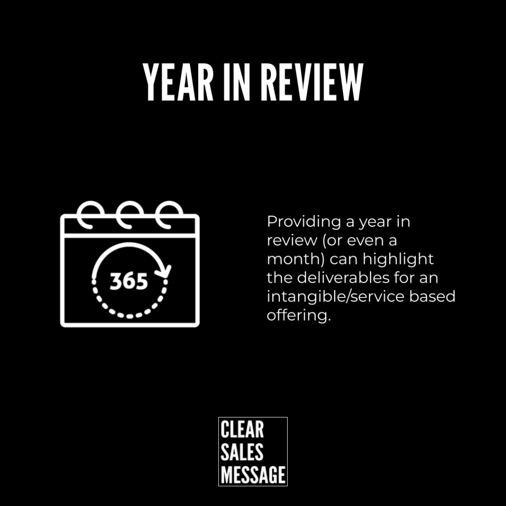 Year in review Bold year in review on black left white calendar icon with 365 right side explanatory paragraph small clear sales message logo below