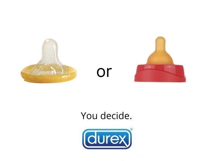 Img 1026 Ad comparing a transparent baby bottle nipple on the left and a yellow condom tip on a red base on the right with the words or you decide and the durex logo below