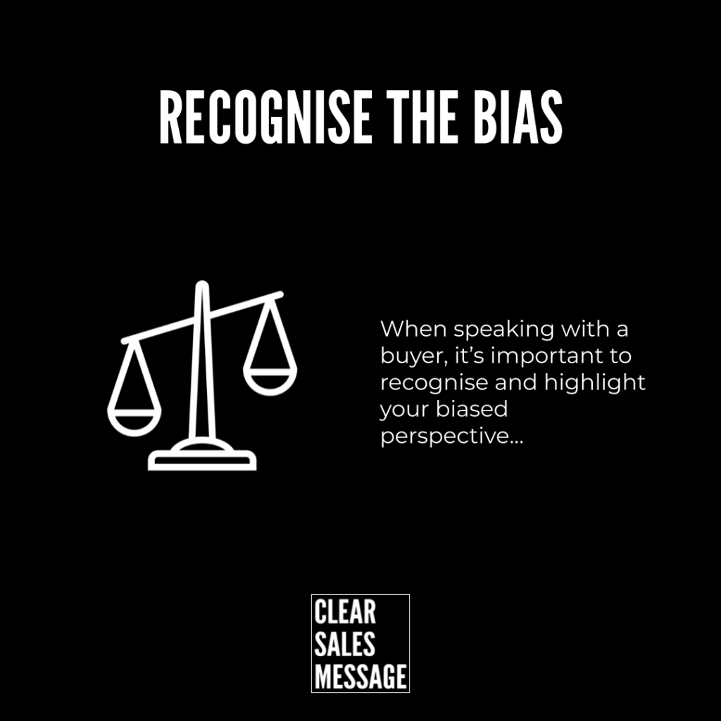 Black poster with the title recognise the bias a scales icon on the left a text panel about recognizing bias in buyer conversations and the clear sales message logo at the bottom