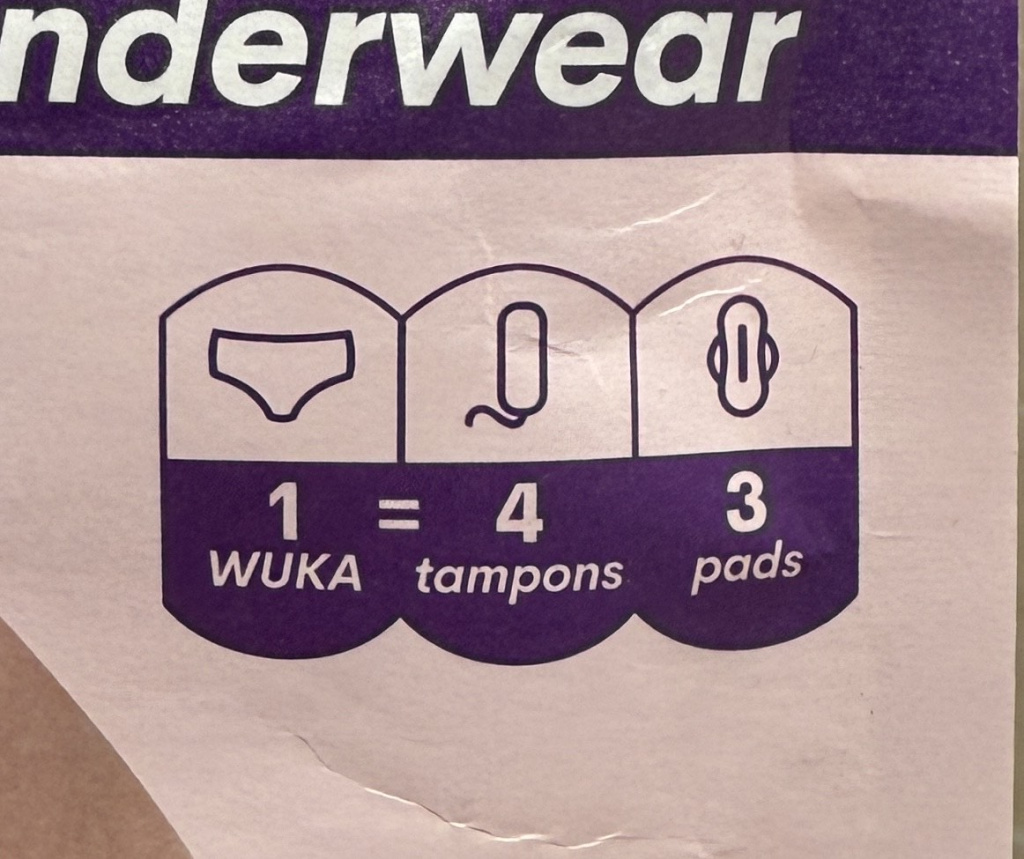 Infographic showing product equivalence 1 underwear equals 4 tampons and 3 pads icons for each product