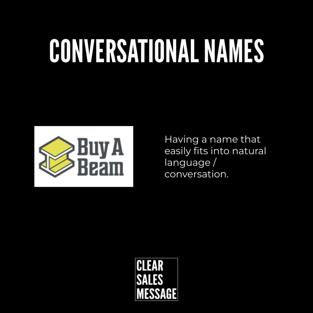 Slide titled conversational names with buy a beam logo on the left and a description about names that fit natural language on the right on a black background