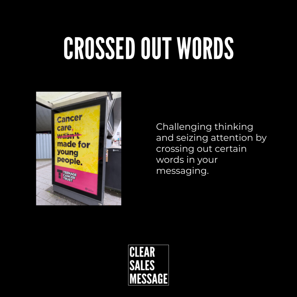 Hero graphic about crossing out words black background large title left poster image right explanatory text bottom clear sales message logo