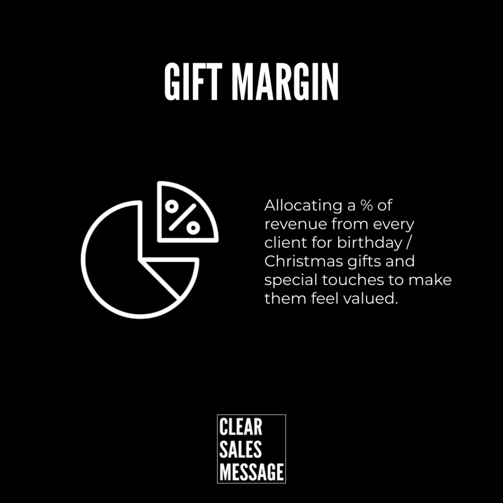 Slide titled gift margin with a left white pie chart icon and right paragraph about allocating a percentage of revenue from client gifts clear sales message logo at bottom