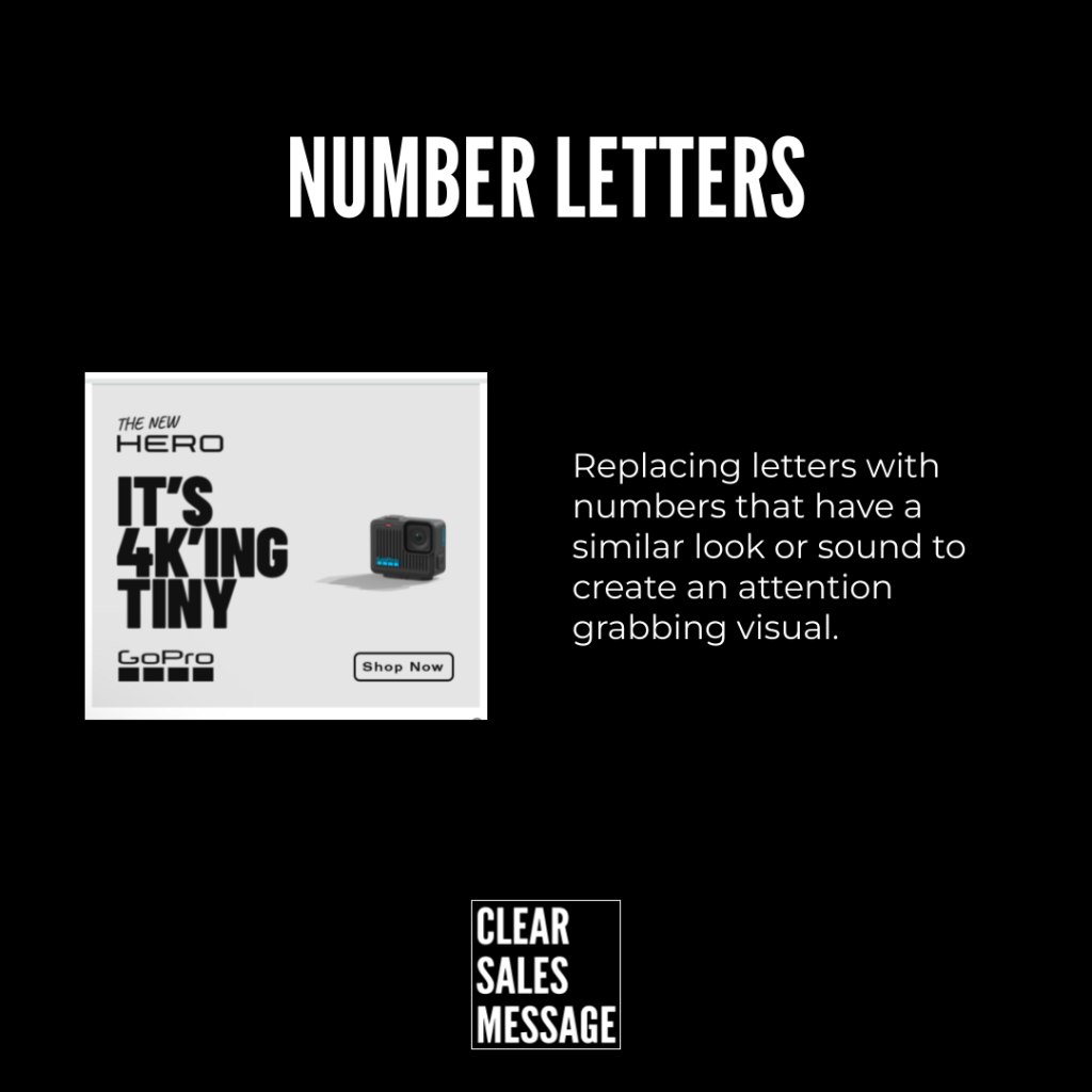 Slide titled number letters explaining replacing letters with numbers for visual impact gopro ad on left and explanatory text on right