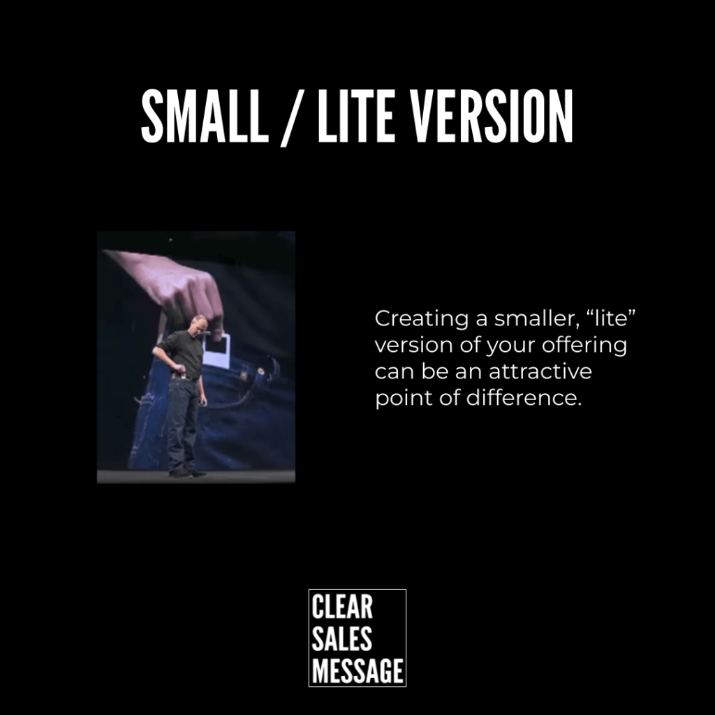 Small lite version Hero slide promoting small lite version black background left photo of a man on stage right paragraph discussing a lite version with the clear sales message logo at the bottom