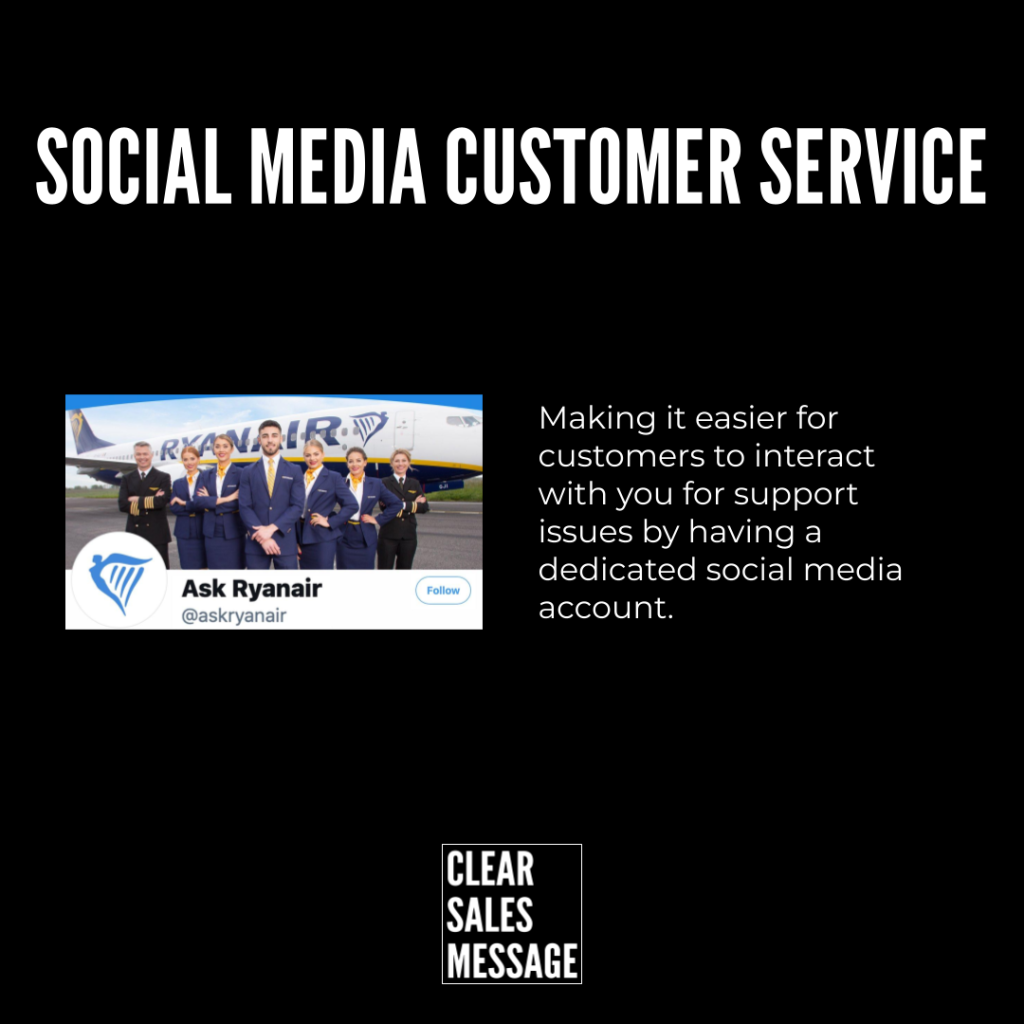 Graphic promoting social media customer service with a ryanair crew image and a paragraph about dedicated social media support includes clear sales message logo