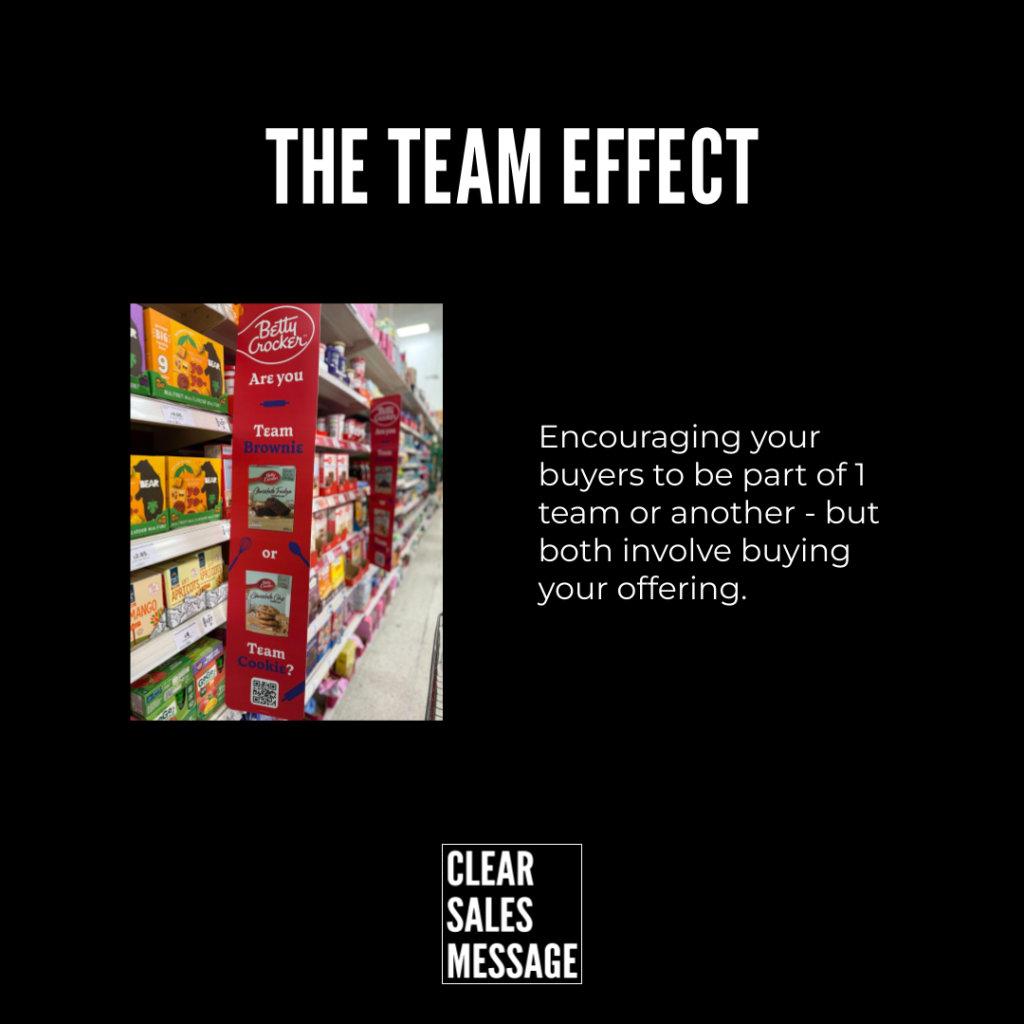 The team effect Bold black hero with the title the team effect a grocery aisle photo on the left showing a betty crocker display and white marketing text on the right plus a clear sales message logo at the bottom