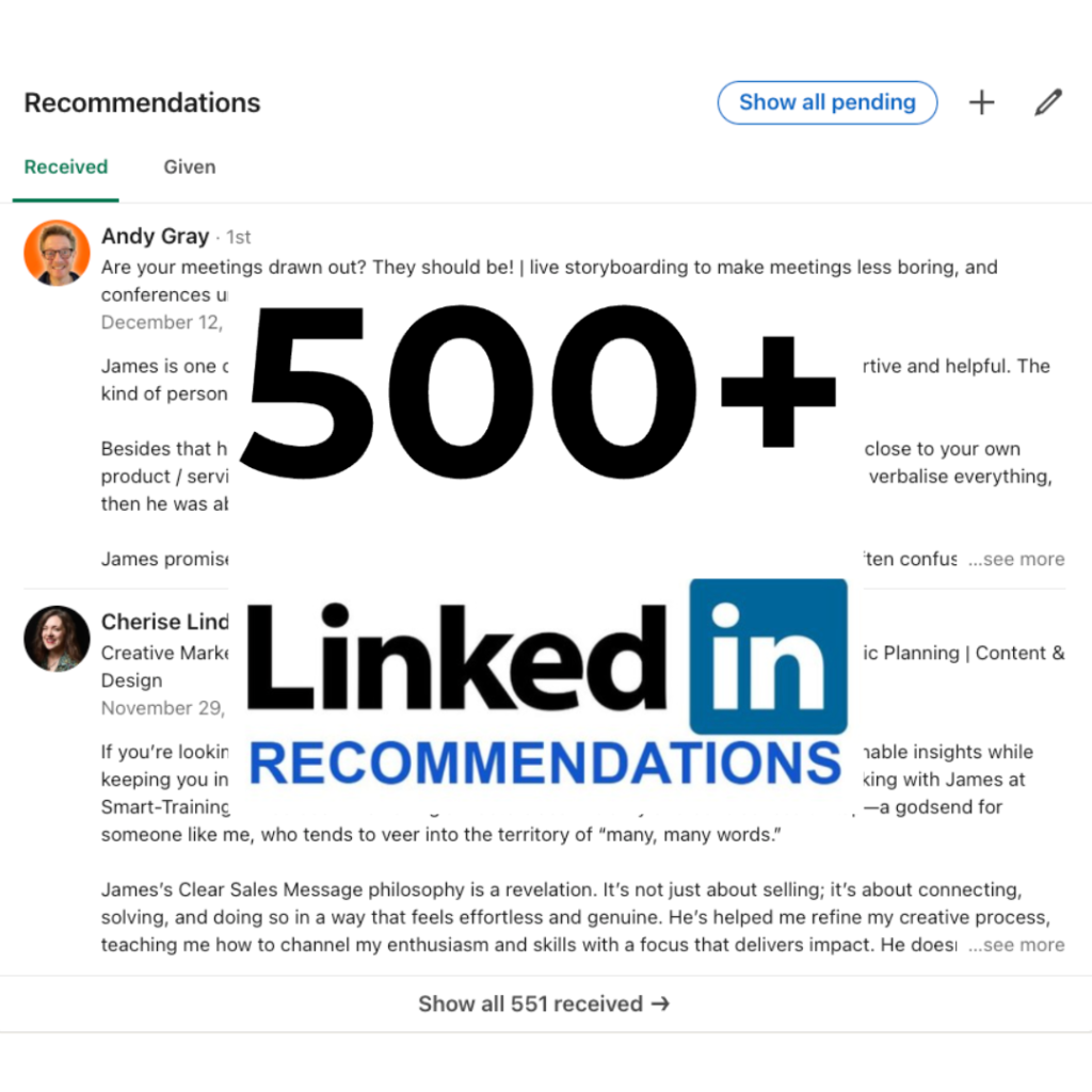Linkedin recommendations feed with two sample endorsements and a large 500+ graphic obscuring text in the center