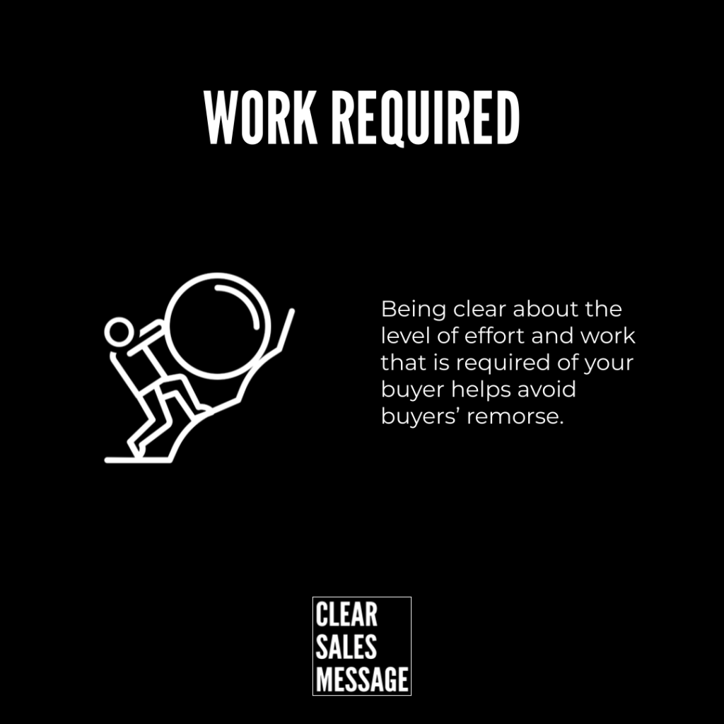 Black background banner with work required left a stick figure climbing a globe right paragraph about buyer effort bottom clear sales message logo