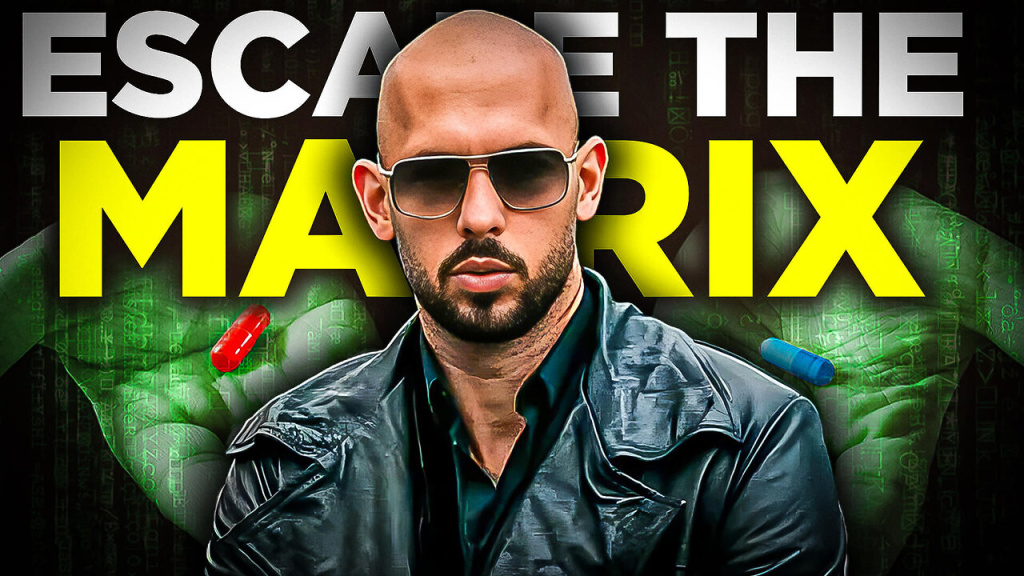 Ogoaj Qr4e 1 small escaping the matrix unlocki Man in sunglasses and a black leather jacket stands under bold escape the matrix text against a green matrix background with floating pills nearby