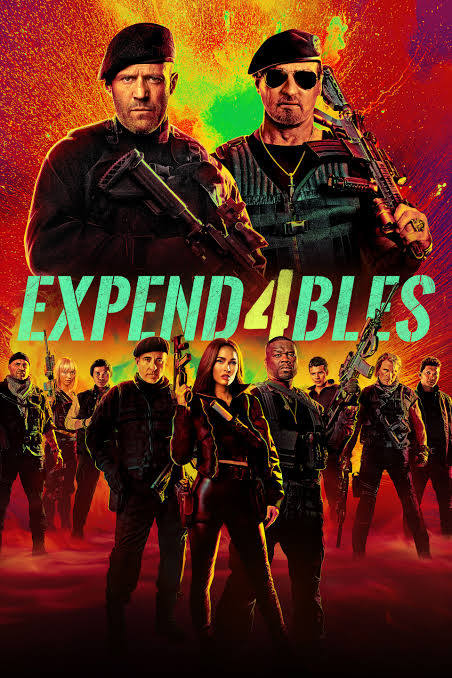 Action movie poster two stern armed men at the front with a crew of gun wielding operatives behind fiery orange background title expend4bles sweeping across