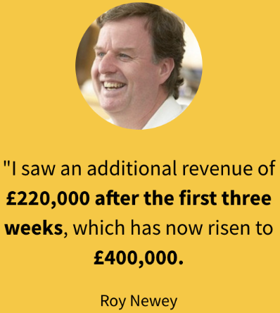 Screenshot 2024 12 30 at 10 06 35 Yellow background image featuring a circular headshot of roy newey above his quote about revenue growth i saw an additional revenue of £220000 after the first three weeks which has now risen to £400000