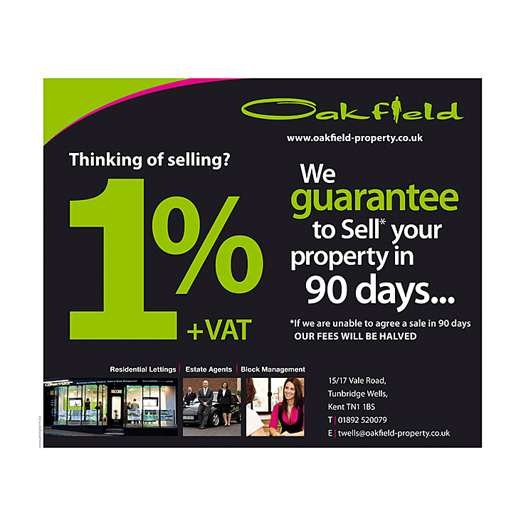 2426 Advertisement for oakfield property services promising to sell your home in 90 days with a large 1 and bright green text on a dark background