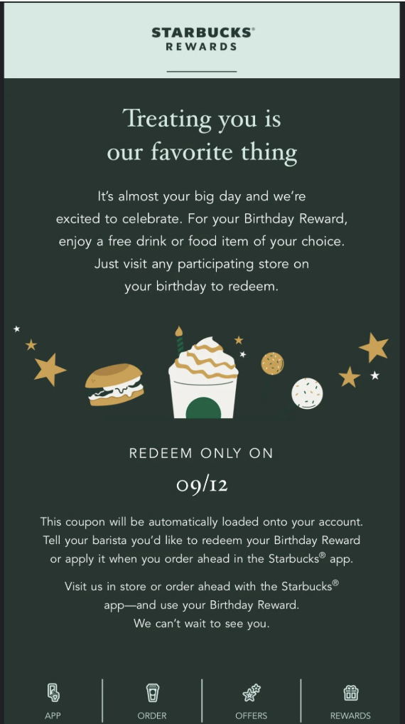 Starbucks rewards birthday coupon message about a free drink or food item on your birthday reward redeemable in store on 0912 with birthday themed cookies and stars graphic at bottom