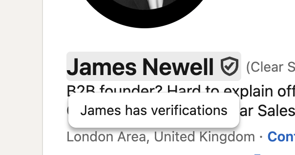 Linkedin profile card for james newell with a verification shield located in london area united kingdom