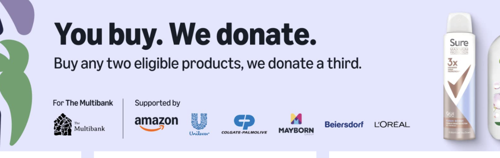 Banner announcing donation you buy We donate  with sponsor logos and two product bottles on the right