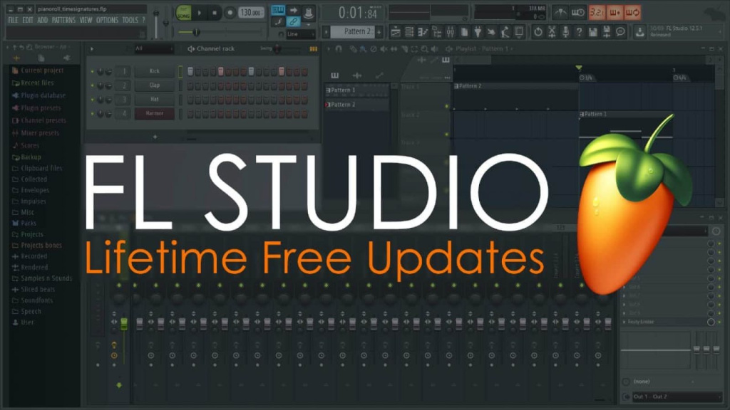 Fl studio interface shown as a backdrop with large white fl studio and orange lifetime free updates text next to a large orange fruit logo on the right