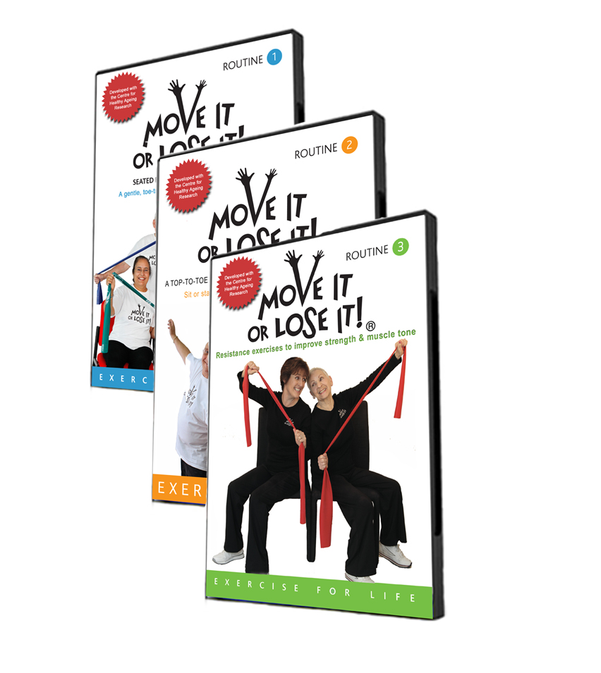 Three move it or lose it Exercise dvds with people using resistance bands for workouts