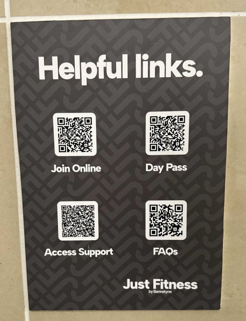Img 4290 Poster titled helpful links showing four qr codes labeled join online day pass access support and faqs on a dark patterned background