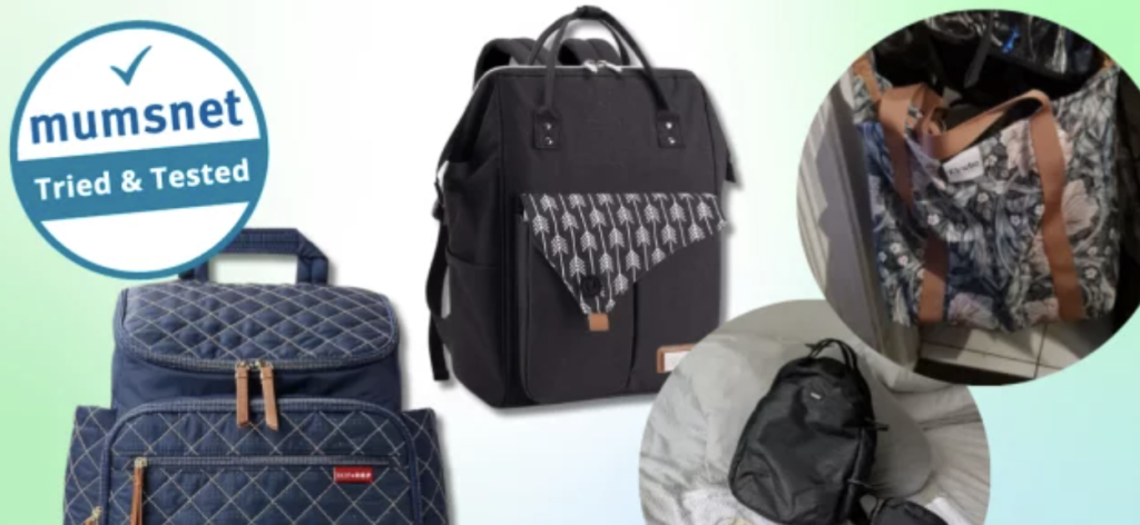 Collage of bags blue quilted backpack black backpack with a patterned flap and a floral tote with a mumsnet tried  tested badge