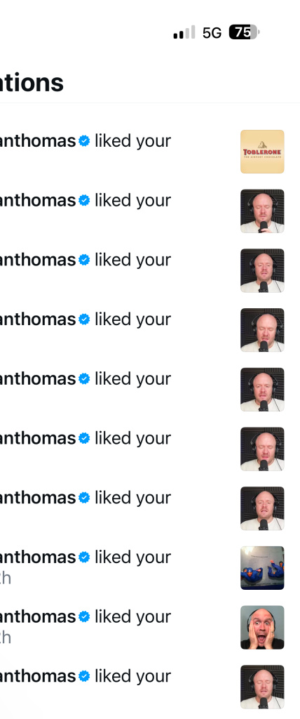 Img 4226 Notifications list showing the user anthomas with a blue verification badge liking your post with different app icons on the right