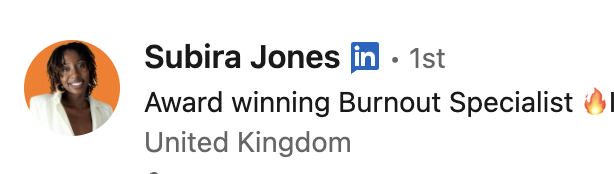 Profile card subira jones 1st degree linkedin award winning burnout specialist united kingdom