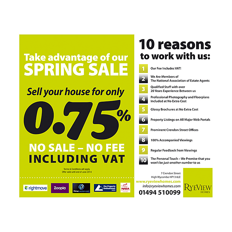 2758 Bright yellow real estate ad featuring spring sale and 0 75 with no sale no fee including vat and a right side column of 10 reasons to work with us