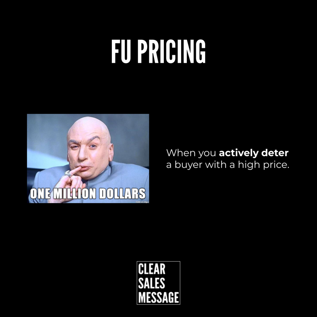 Fu pricing Black poster with fu pricing title left shows dr Evil meme reading one million dollars right caption says when you actively deter a buyer with a high price bottom logo reads clear sales message