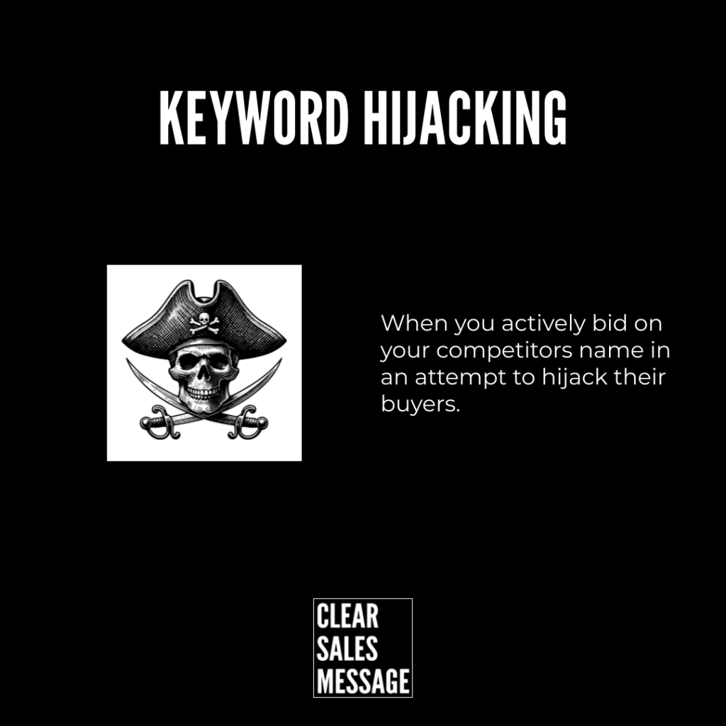 Infographic about keyword hijacking bold title pirate skull with swords beside explanatory text about bidding on competitors names to hijack buyers and a small clear sales message logo at the bottom