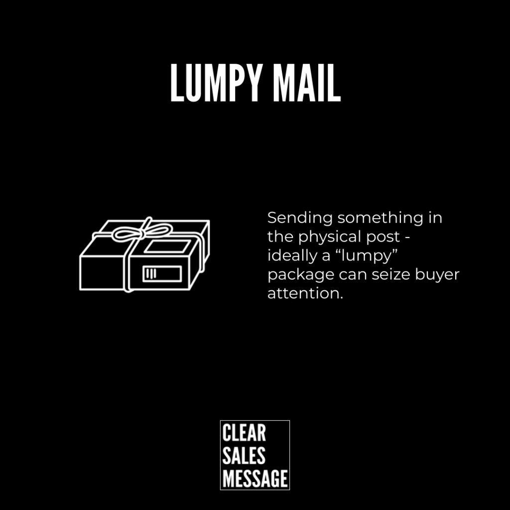 Slide titled lumpy mail with a white outlined gift box on the left and a paragraph about sending a lumpy package to seize buyer attention logo clear sales message at bottom