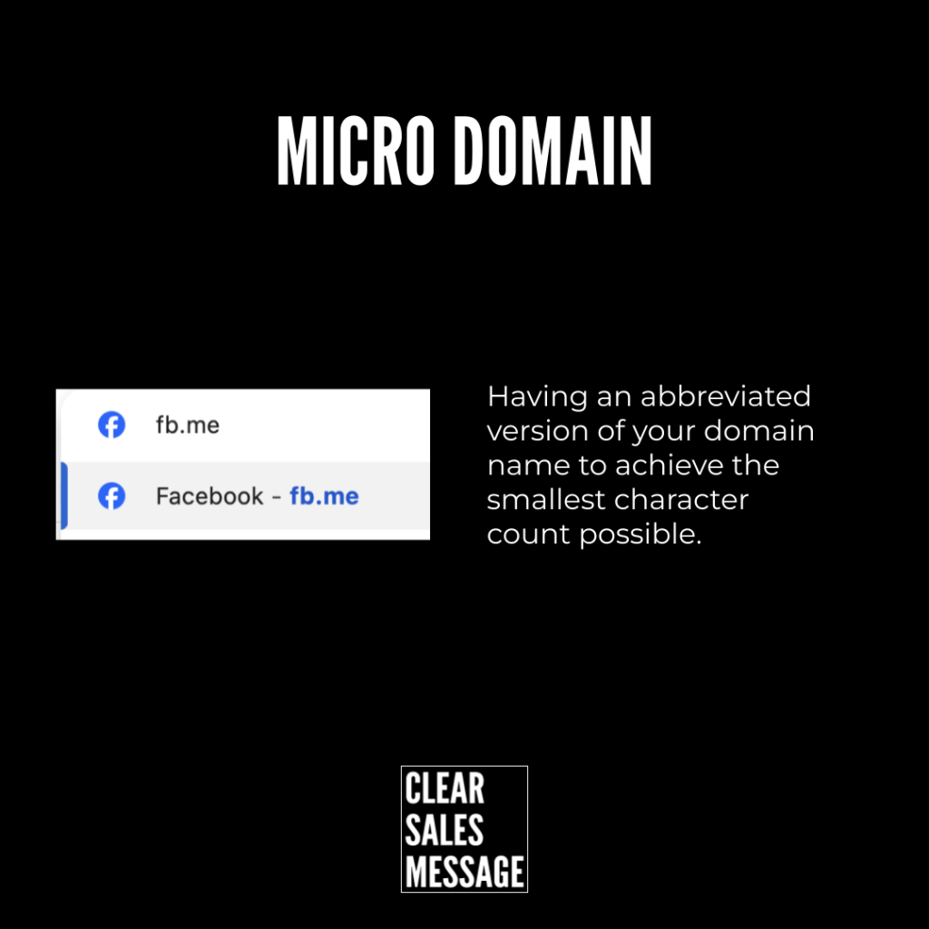 Micro domain Slide explaining micro domain left shows fb Me shortcuts right text about minimizing characters clear sales message logo at bottom