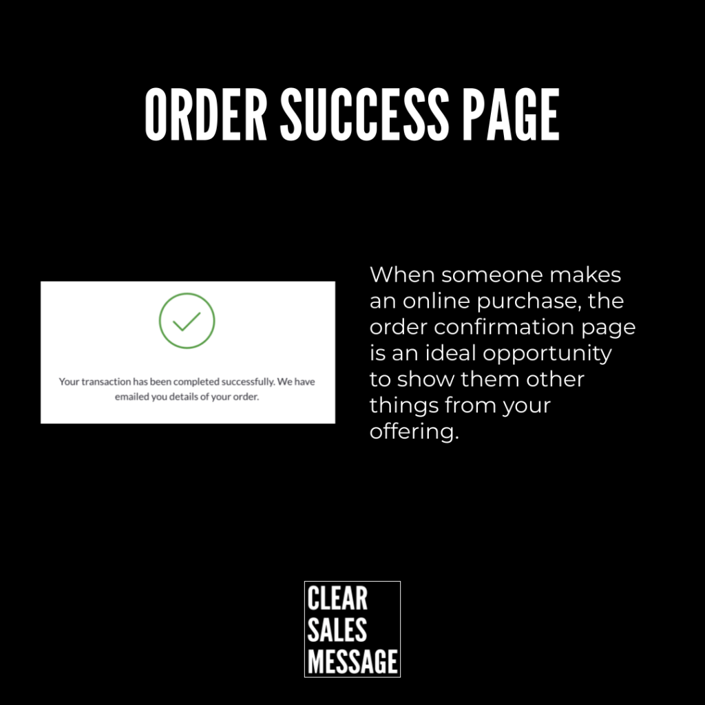 Order success page green checkmark on a white card with a completion message and the clear sales message logo at the bottom