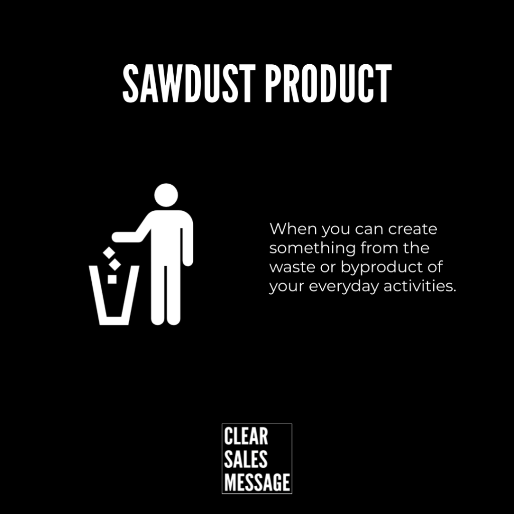 Sawdust product Black hero image with sawdust product title left icon shows a person discarding waste into a bin right side explains creating from waste Logo bottom clear sales message