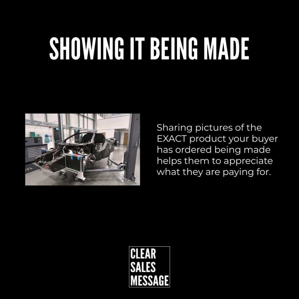Banner reads showing it being made on black left shows a car chassis being assembled in a workshop right has explanatory text about sharing exact product pics bottom logo clear sales message