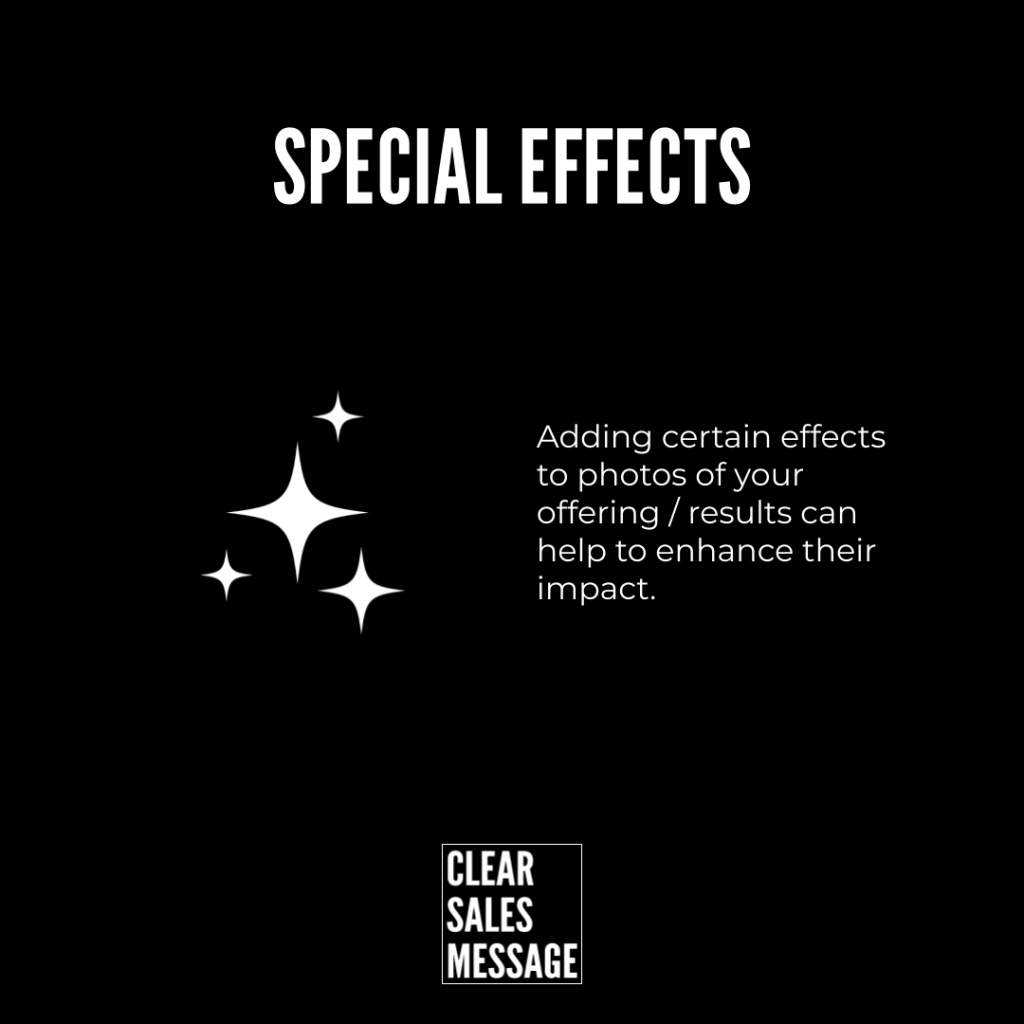 Special effects Special effects slide large white title with sparkles on the left a right aligned paragraph explaining that adding effects to photos can enhance impact and a small clear sales message logo at the bottom