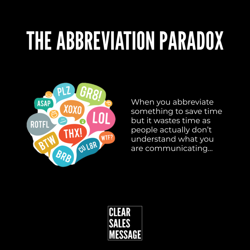 Poster on abbreviations black background large title the abbreviation paradox with a colorful speech bubble brain and explanatory text beside it clear sales message logo at bottom