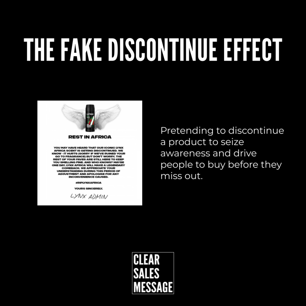 Banner titled the fake discontinue effect on a black background left shows a white flyer with wings and rest in africa right explains the tactic of faking a discontinuation to drive purchases small clear sales message logo at the bottom