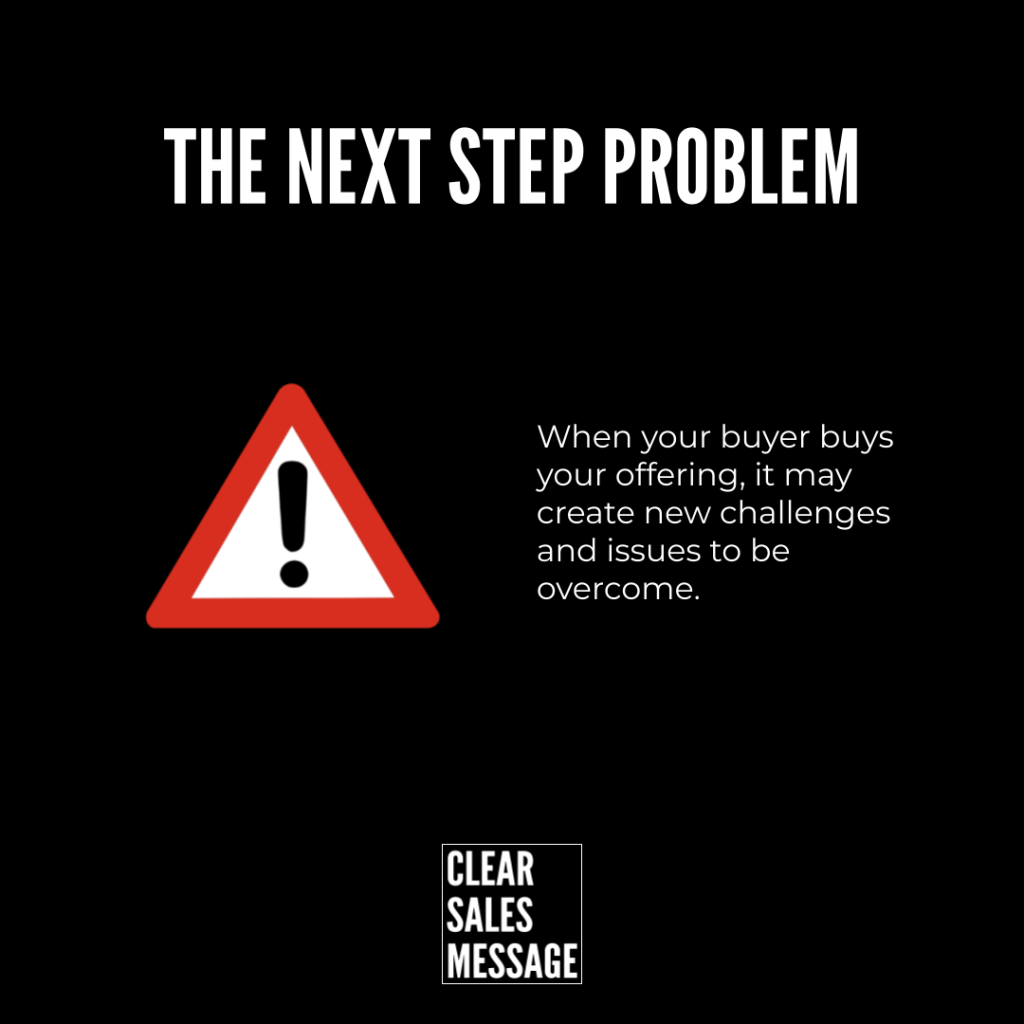 Slide with white the next step problem on black red warning triangle left text about buyer challenges after purchase logo bottom