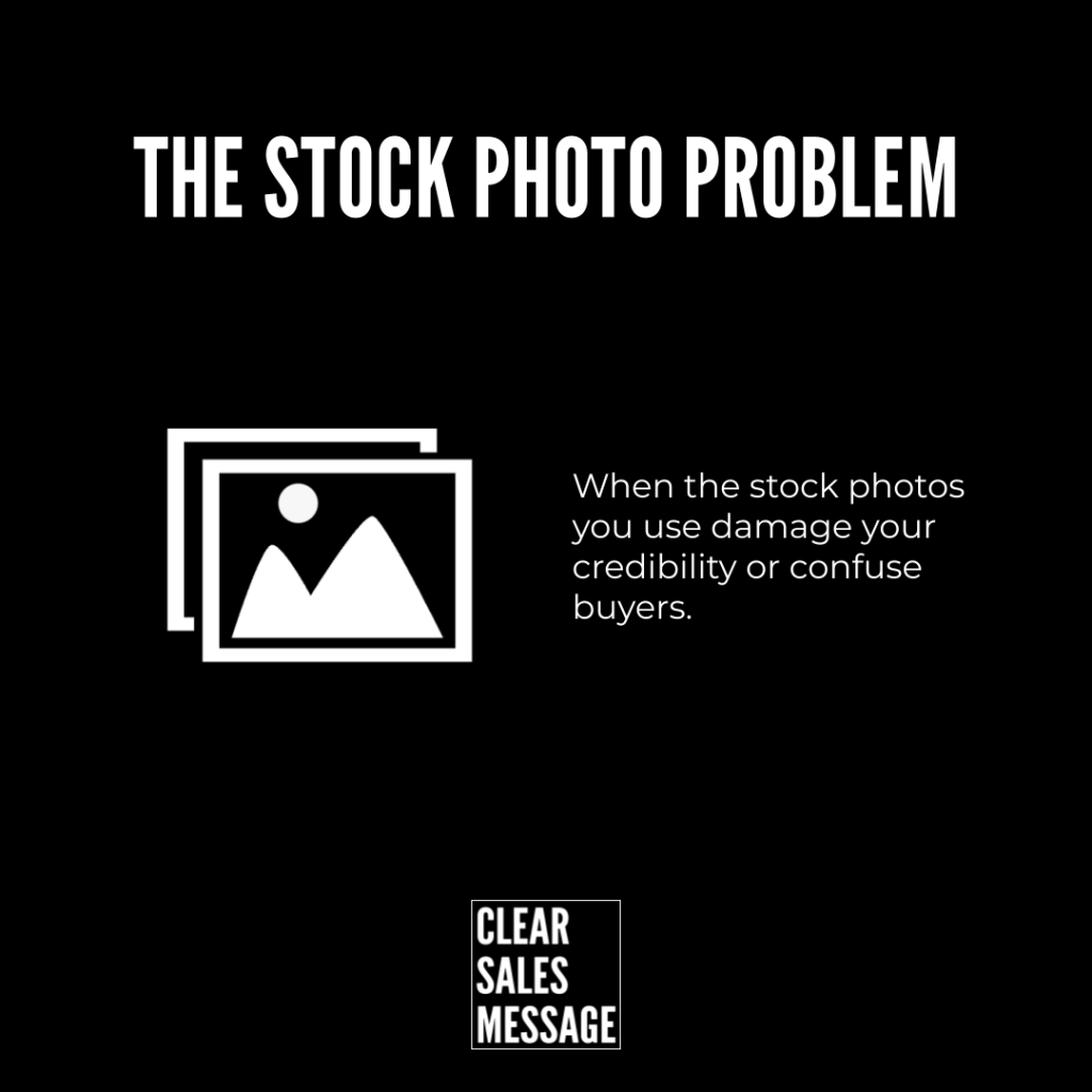 Infographic about the stock photo problem bold header stacked photo icon and a message about credibility benefiting buyers trust