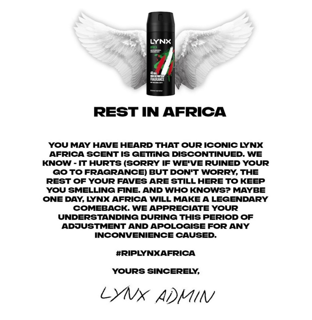 Lynx africa deodorant spray with white wings and bold rest in africa message announcing fragrance discontinuation