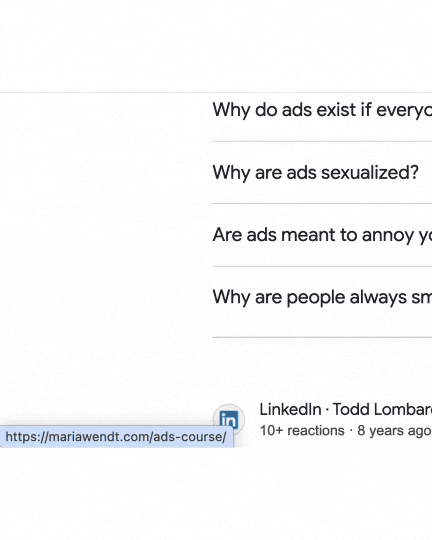 Screenshot of a web page showing four faq questions about ads e G  why do ads exist why are ads sexualized  and a linkedin share preview with author name and url